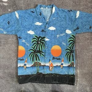 Men's Vintage 80's Barbados Wind Surfing Surf All Over Print Hawaiian Shirt Sz L